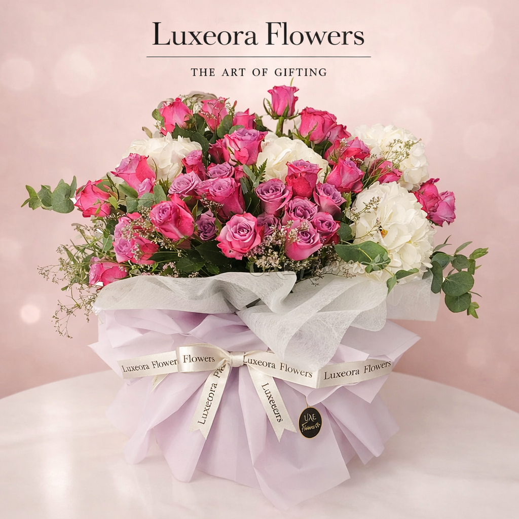 Bouquet of Hydrangeas & Purple Roses